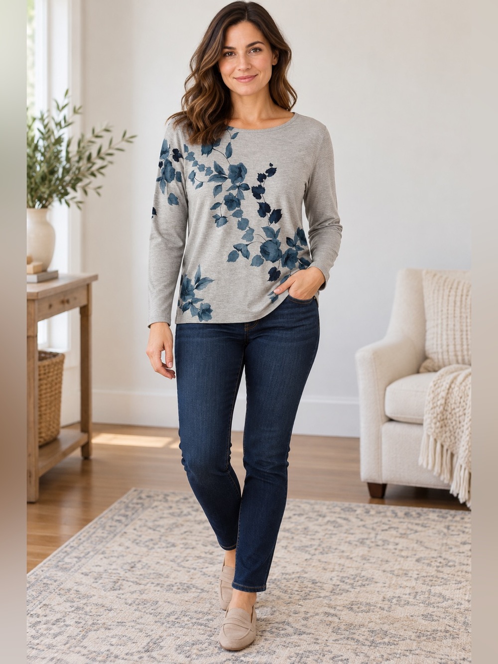 Talbots Medium Petite Gray Blue Floral Long Sleeve Tee